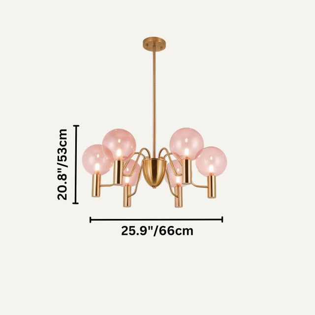 Gloral Chandelier with six pink glass bulbs, gold metal frame, and dimensions 25.9in x 20.8in, perfect for compact luxury spaces.