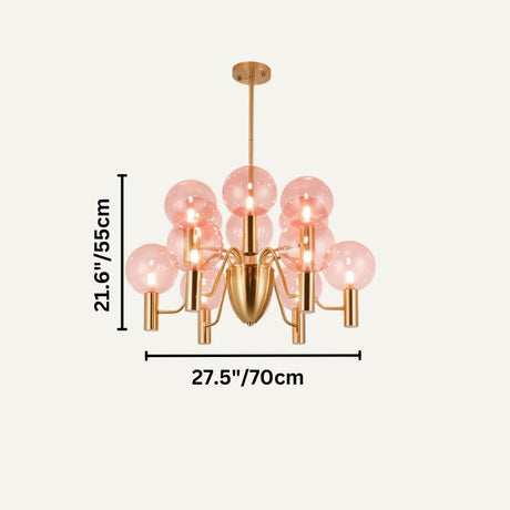 Large Gloral Chandelier with pink glass globes and gold metal arms, measuring 27.5in x 21.6in for elegant indoor lighting.