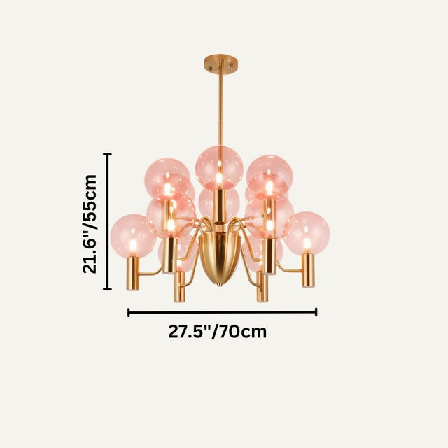 Large Gloral Chandelier with pink glass globes and gold metal arms, measuring 27.5in x 21.6in for elegant indoor lighting.