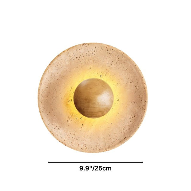 "Dimensions of a modern, circular wall lamp made of yellow travertine with a walnut wood center: 9.9 inches in diameter."