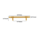 "Dimensions diagram of a modern brass pull bar with knurled accents, showing measurements for installation."
