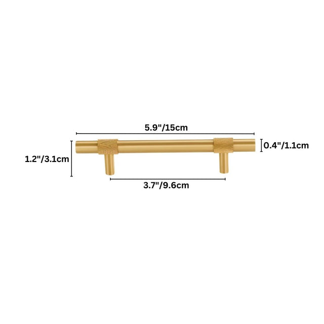 "Dimensions diagram of a modern brass pull bar with knurled accents, showing measurements for installation."