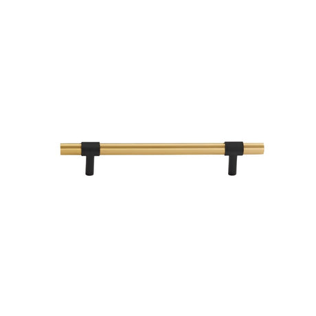 "Modern brushed gold and black pull bar with knurled accents, suitable for cabinets or drawers."