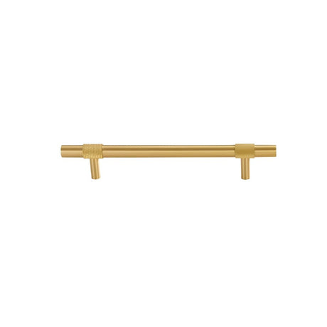 "Modern brushed gold pull bar handle with a sleek, cylindrical design."