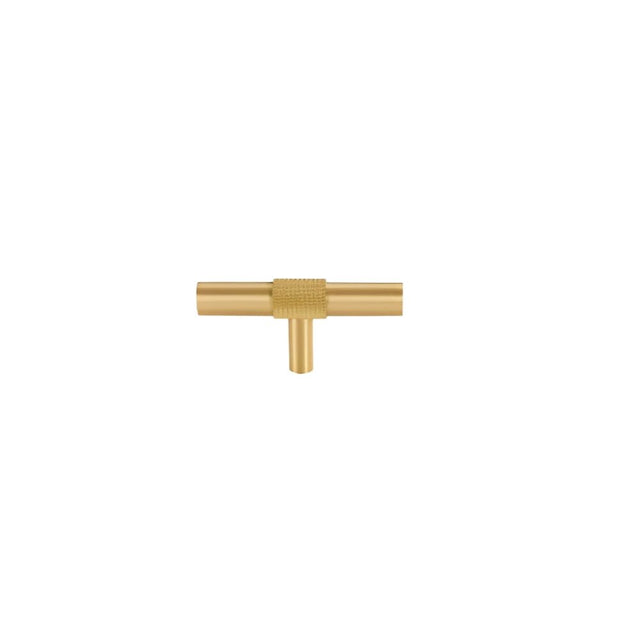 "Modern brushed gold knob with a cylindrical design and knurled detailing."