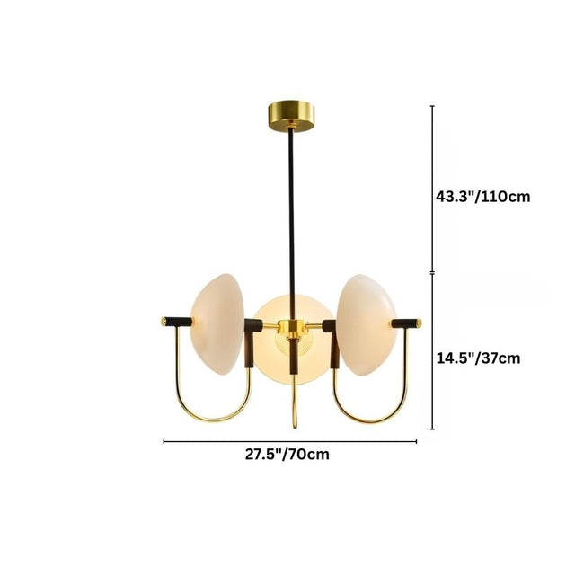 "Modern gold three-light chandelier with frosted glass orbs."