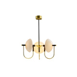"Modern gold three-light chandelier with frosted glass orbs."
