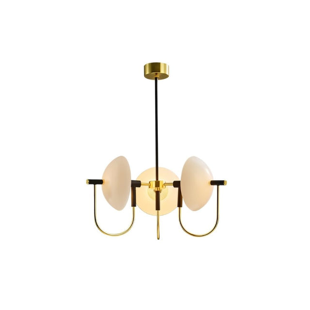 "Modern gold three-light chandelier with frosted glass orbs."
