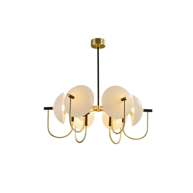 "Modern gold six-light chandelier with frosted glass orbs."