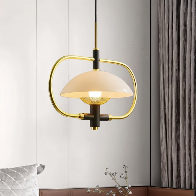 "Modern gold pendant light with frosted glass shade in a living room."