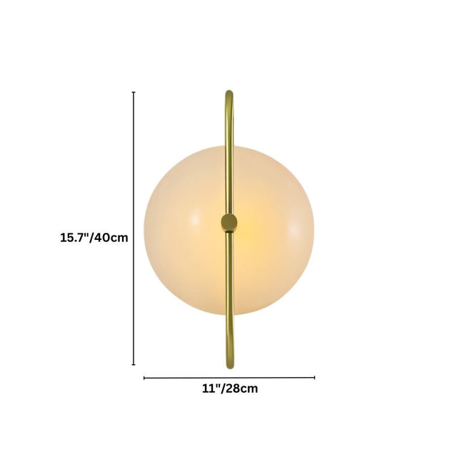 "Dimensions diagram of a symmetrical wall lamp featuring a metal frame and a frosted glass globe, showing measurements."