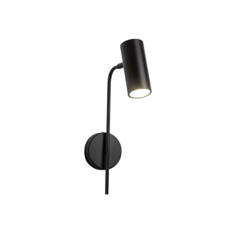"A minimalist industrial black bedside reading lamp with a cylindrical shade and adjustable arm, isolated on a white background."