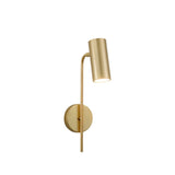 "A minimalist industrial gold bedside reading lamp with a cylindrical shade and adjustable arm, isolated on a white background."