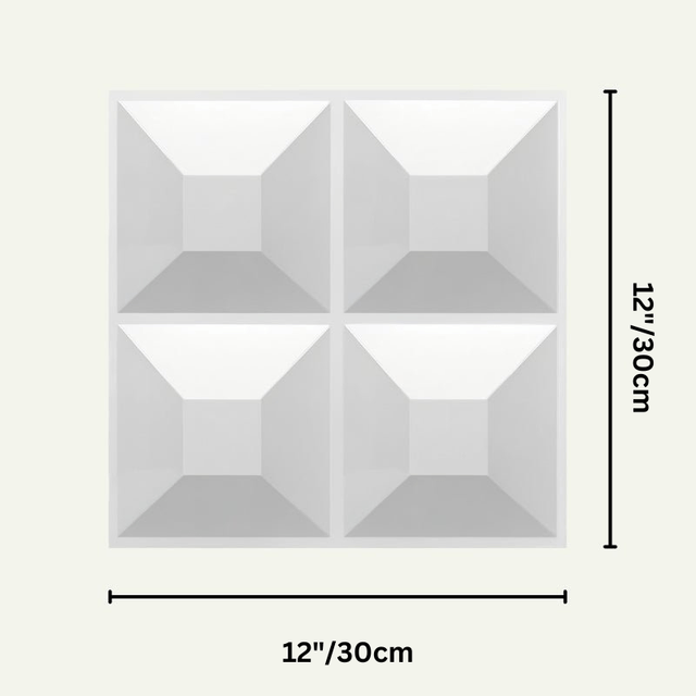 12x12 inch Haidri Wall Panel in white PVC with 3D square design, perfect for decorative wall upgrades in home or office spaces.