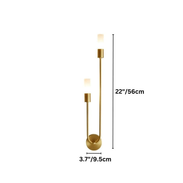 "Dimensions, 22 inches tall and 3.7 inches wide, of a modern brass wall lamp with acrylic diffusers."