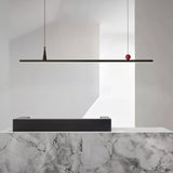 "Linear pendant lamp with black finish and red accents."