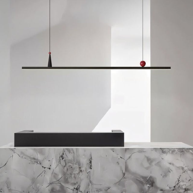 "Linear pendant lamp with black finish and red accents."