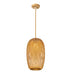 Hand-weaved rattan cocoon pendant light in oval shape, featuring a natural finish, suspended from a ceiling.
