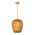 Hand-woven rattan cocoon pendant light with an elongated shape, featuring a natural finish against a white background.