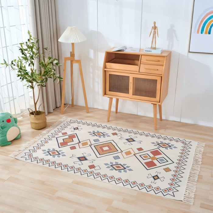 Hasbo Geometric Area Rug: Featuring bold geometric patterns and vibrant colors, this area rug adds a modern flair to your space, creating a dynamic focal point that enhances the visual appeal of any room.