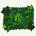 Artificial greenery wall panel featuring various green leaves on a white background, rectangular shape, lush finish.