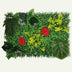 Artificial greenery wall panel with red roses and yellow flowers on a leafy background, rectangular shape, artificial materia