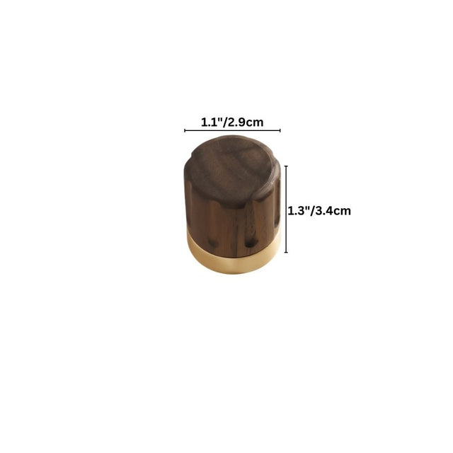 "Dimensions of a cylindrical modern wooden knob with a golden metallic base."