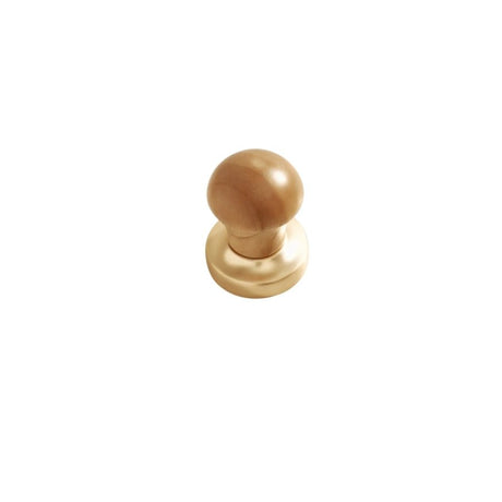 "A modern knob featuring a rounded wooden top and a golden metallic base, designed for contemporary or rustic interiors."