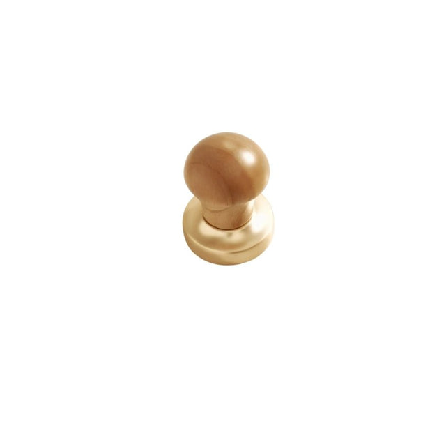 "A modern knob featuring a rounded wooden top and a golden metallic base, designed for contemporary or rustic interiors."