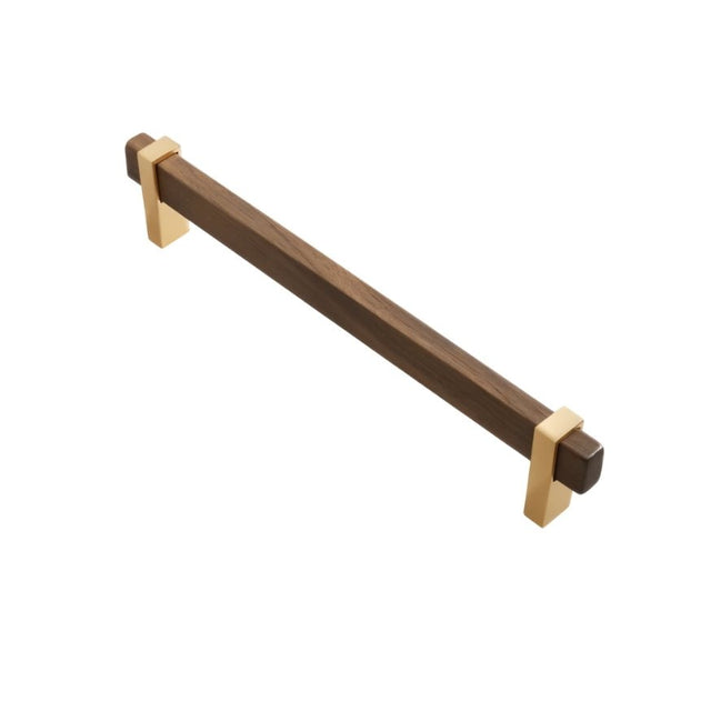 "Angled view of a modern pull bar featuring a sleek wooden handle with golden metallic brackets."
