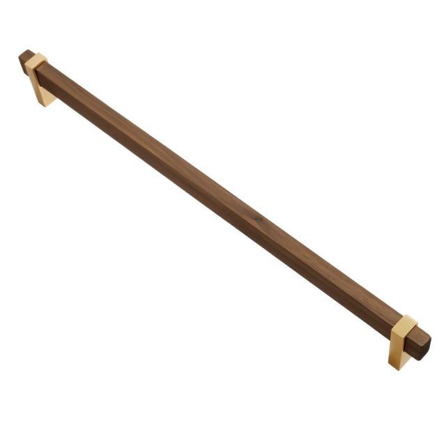 "A modern pull bar featuring a sleek wooden handle with golden metallic brackets."