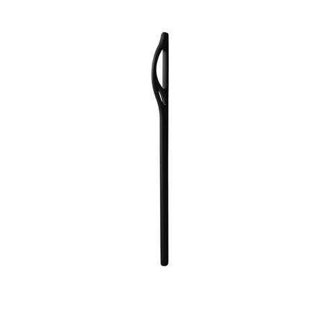 "Side profile of a sleek, black pull bar handle with a curved, hollowed design."