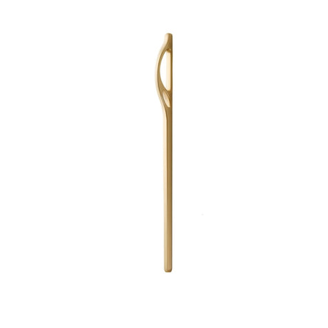 "Profile view of a sleek, gold curved pull bar handle with a hollowed design."