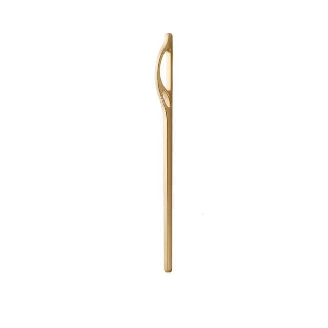 "Profile view of a sleek, gold curved pull bar handle with a hollowed design."