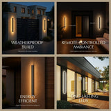 Helios LED Outdoor Wall Lamp features weatherproof build, remote-controlled color temperature, energy efficiency, and long-lasting LEDs.