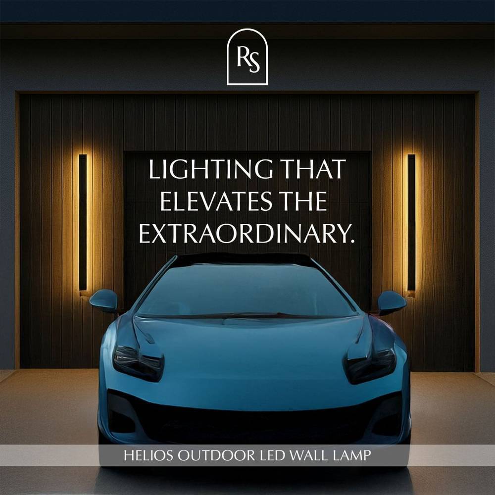 Helios LED Outdoor Wall Lamps flanking a garage, delivering sophisticated lighting that elevates curb appeal.