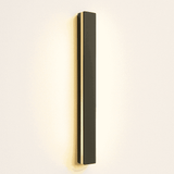 Helios LED Outdoor Wall Lamp with warm LED glow and slim black frame, perfect for stylish outdoor lighting.