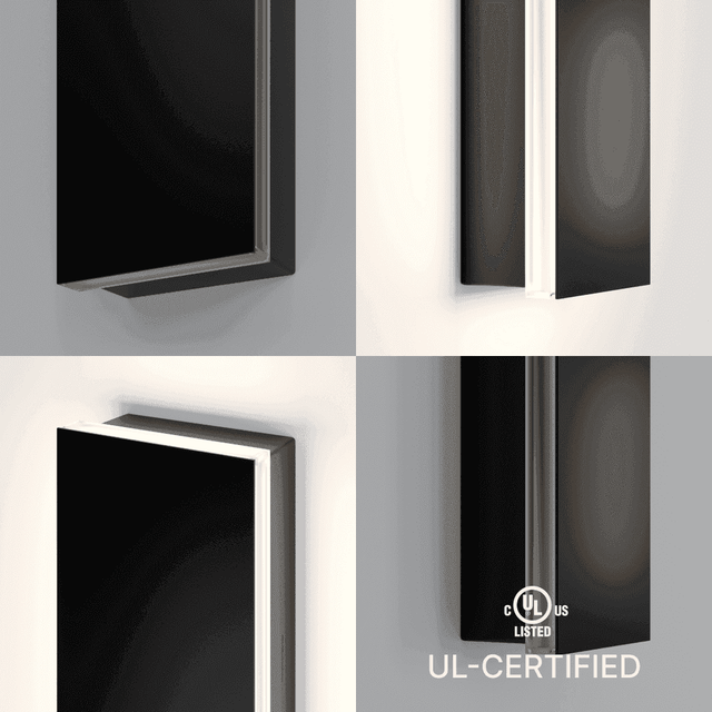 Close-up of Helios LED wall light corners showing UL certification and durable, weatherproof construction for outdoor use.