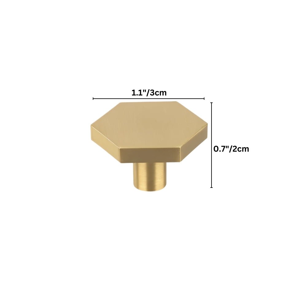 "Dimensions of a modern brass hexagon knob with a cylindrical mount, shown with measurements in inches and centimeters."