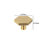 "Dimensions of a modern brass hexagon knob with a cylindrical mount, shown with measurements in inches and centimeters."