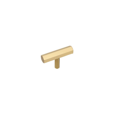 "Modern brass rectangular knob with a cylindrical mount, isolated on a white background."