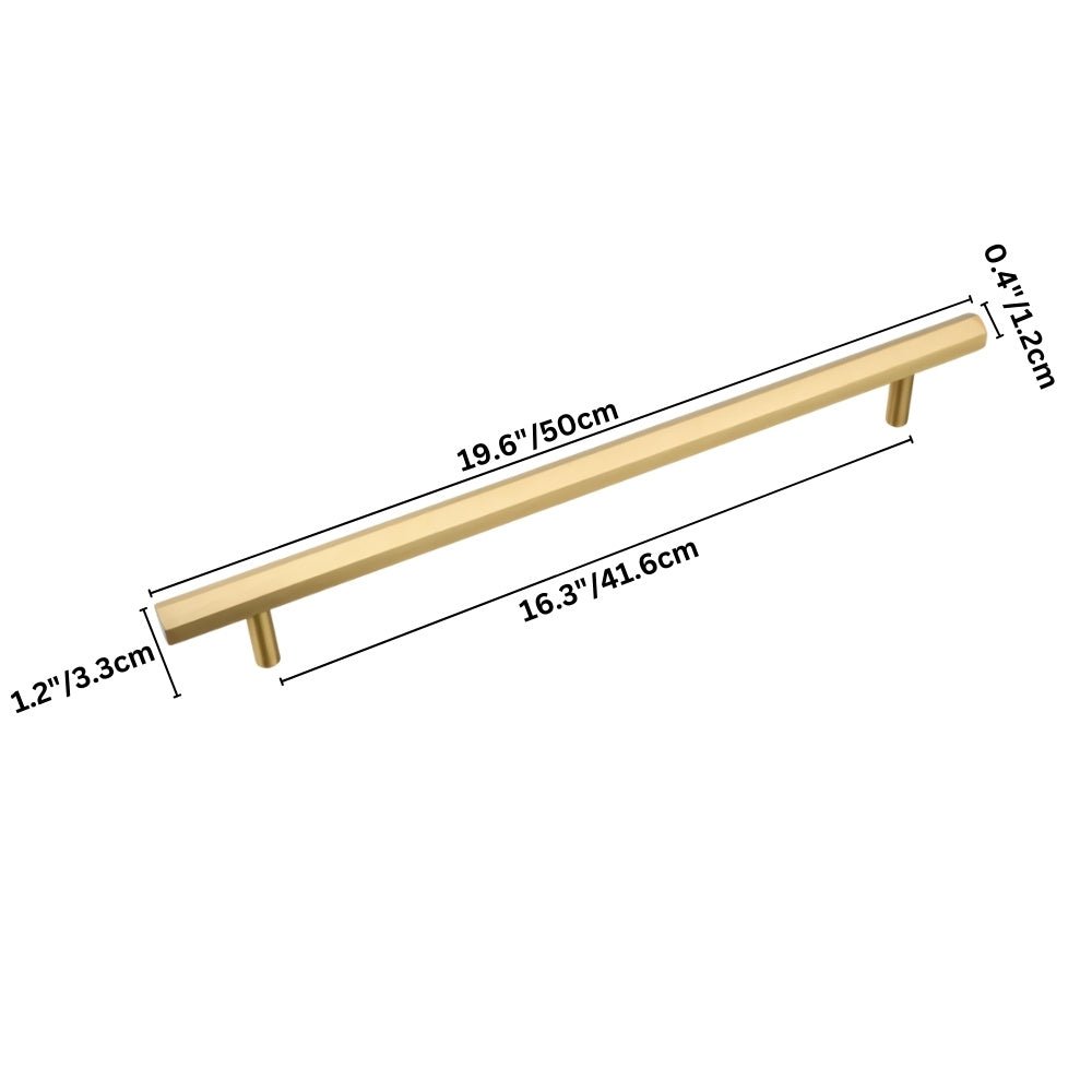 "Dimensions of a modern brass rectangular pull bar handle with cylindrical mounts, shown with measurements in inches and centimeters."