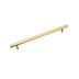 "Modern brass rectangular pull bar handle with cylindrical mounts, isolated on a white background."
