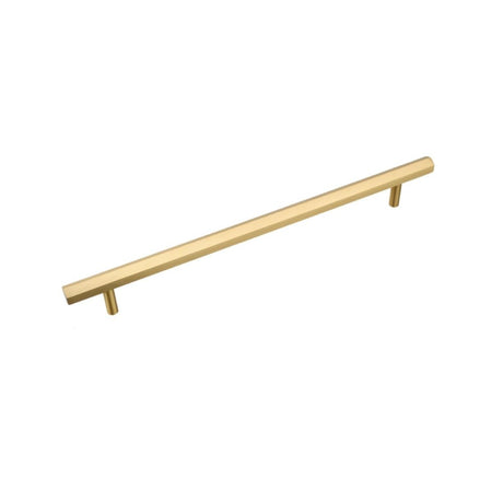 "Modern brass rectangular pull bar handle with cylindrical mounts, isolated on a white background."