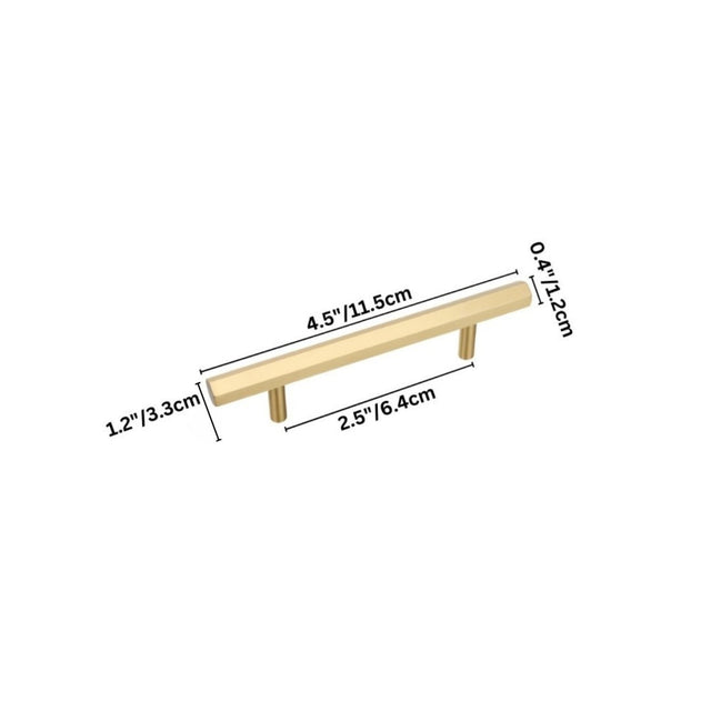 "Dimensions of a gold brass pull bar: 4.5 inches (11.5 cm) in length, 0.4 inches (1.2 cm) in thickness, 1.2 inches (3.3 cm) in height, and 2.5 inches (6.4 cm) center-to-center."