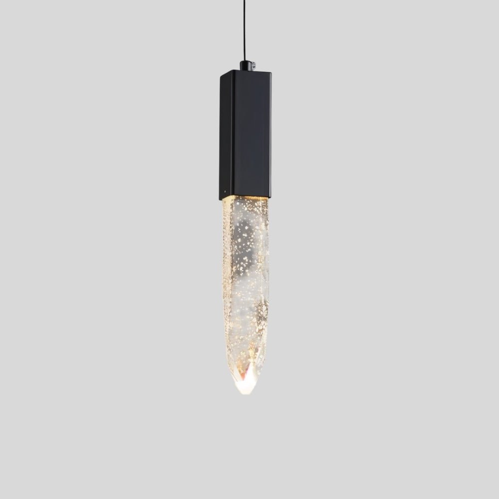  "Modern pendant light with elongated crystal diffuser and minimalist metal frame, isolated on a white background."