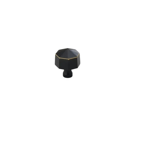 "Black brass hexagonal knob, isolated on a white background."
