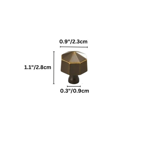 "Dimensions of a bronze brass hexagonal knob: 1.1 inches (2.8 cm) height, 0.9 inches (2.3 cm) width, and 0.3 inches (0.9 cm) base diameter."