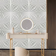Hite PVC Wall Panels in white with 3D geometric starburst design behind a modern vanity table. Waterproof and easy to install for home decor.