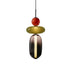 Horiz Pendant Light featuring stacked, multi-colored glass spheres and cylinders in red, olive, and charcoal over white.